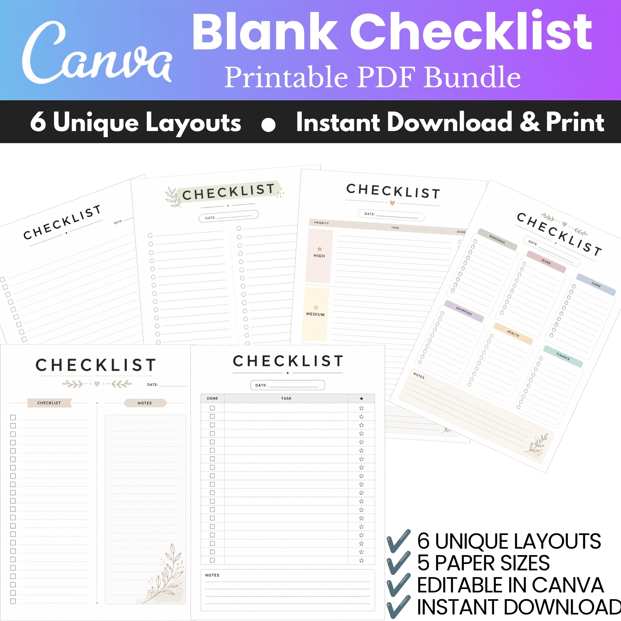 Blank Checklist Printable PDF Bundle