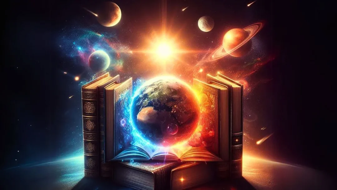 a book with a planet in the middle