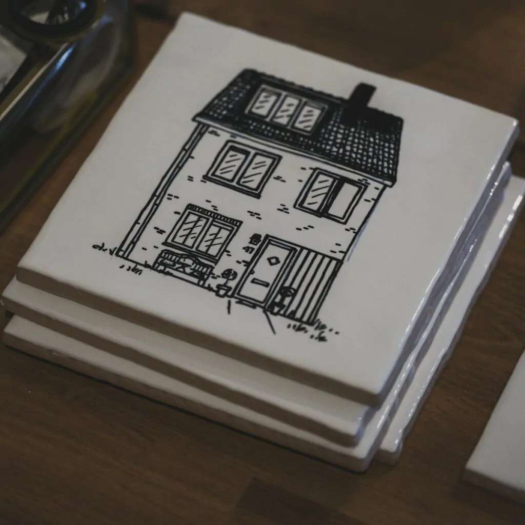House coasters with a sketch of a house.