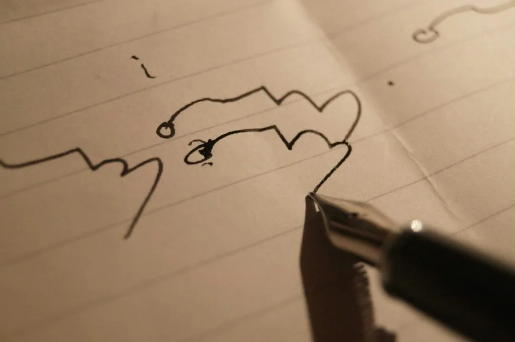 a pen is laying on top of a piece of paper with a drawing of a