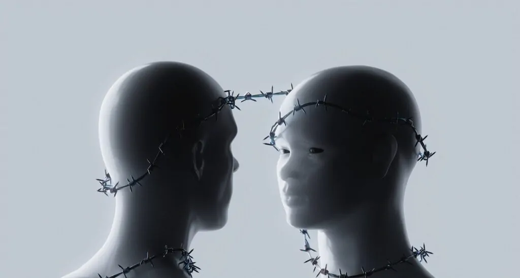 Two mannequins connected by barbed wire
