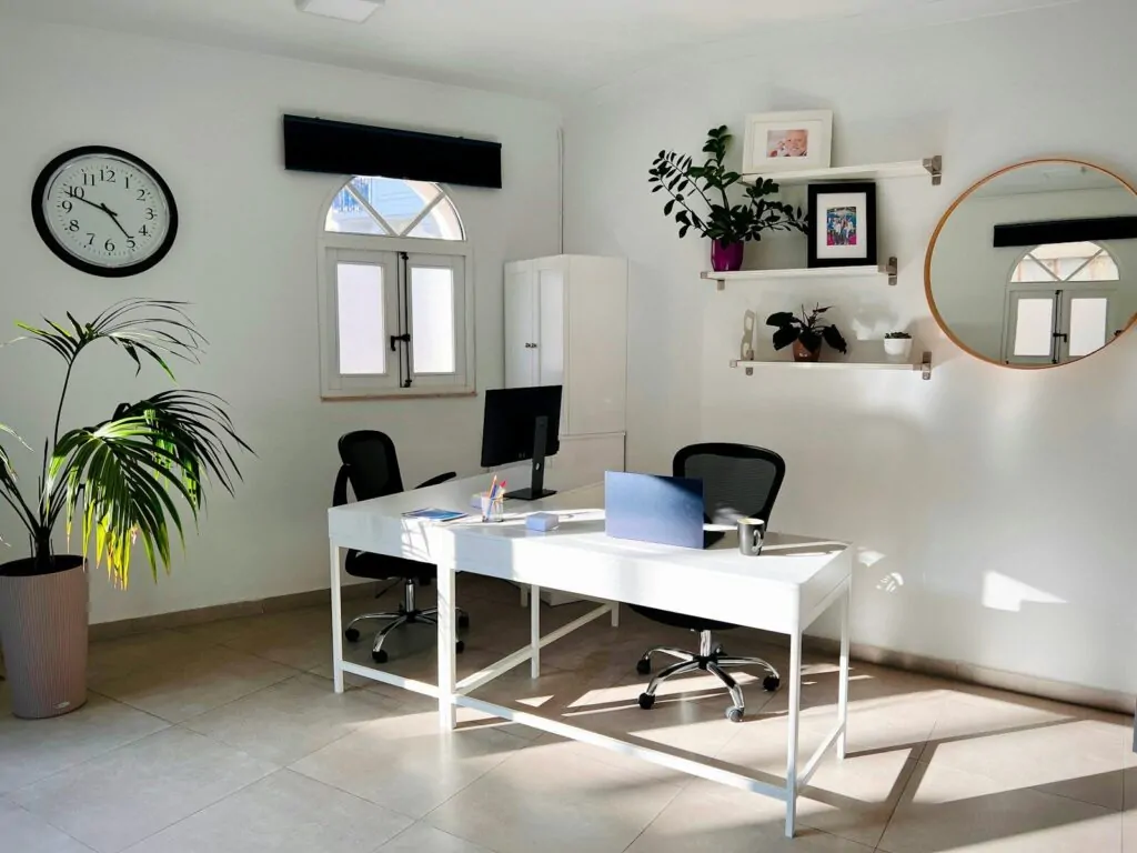 Modern office with two desks and plants