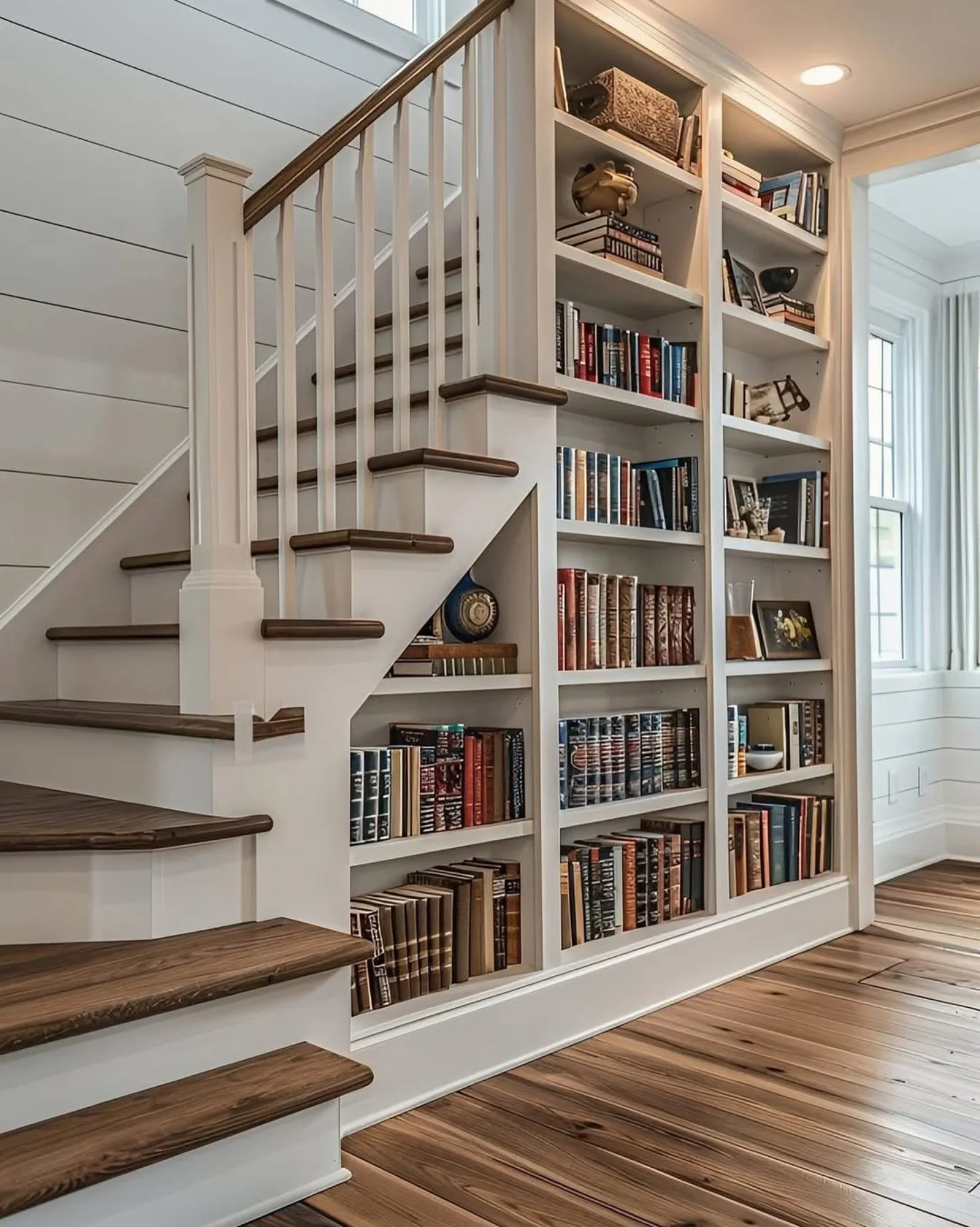 10 Home Library Ideas That Will Make You Want to Stay Home 3 Staircase Wall Custom Built-In Shelving
