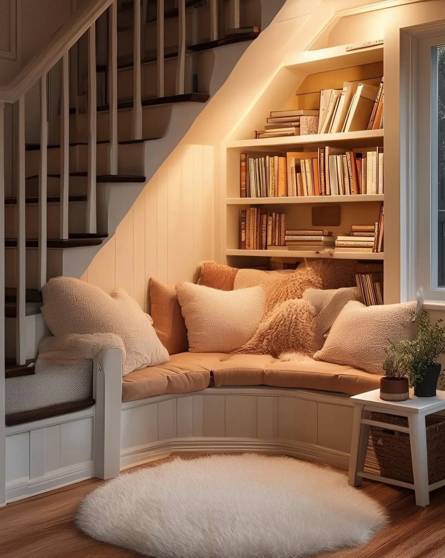 10 Home Library Ideas That Will Make You Want to Stay Home 2 Warm Under-Stair Reading Nook with Integrated Shelves
