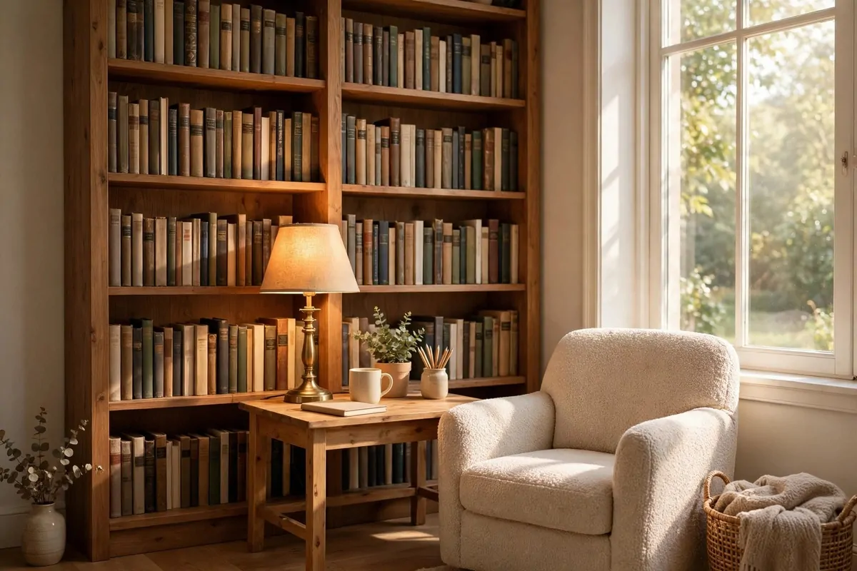 A cozy home office with a tall wooden bookshelf full of books behind a small desk, warm lamp light, a soft reading chair nearby