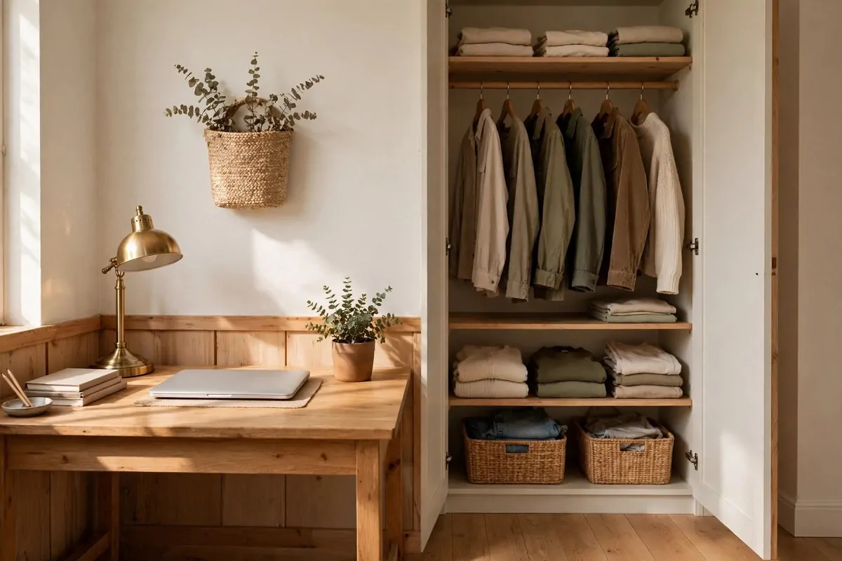 A wooden desk with a closed laptop, brass lamp and small plant beside an open closet with hanging clothes and folded shelves