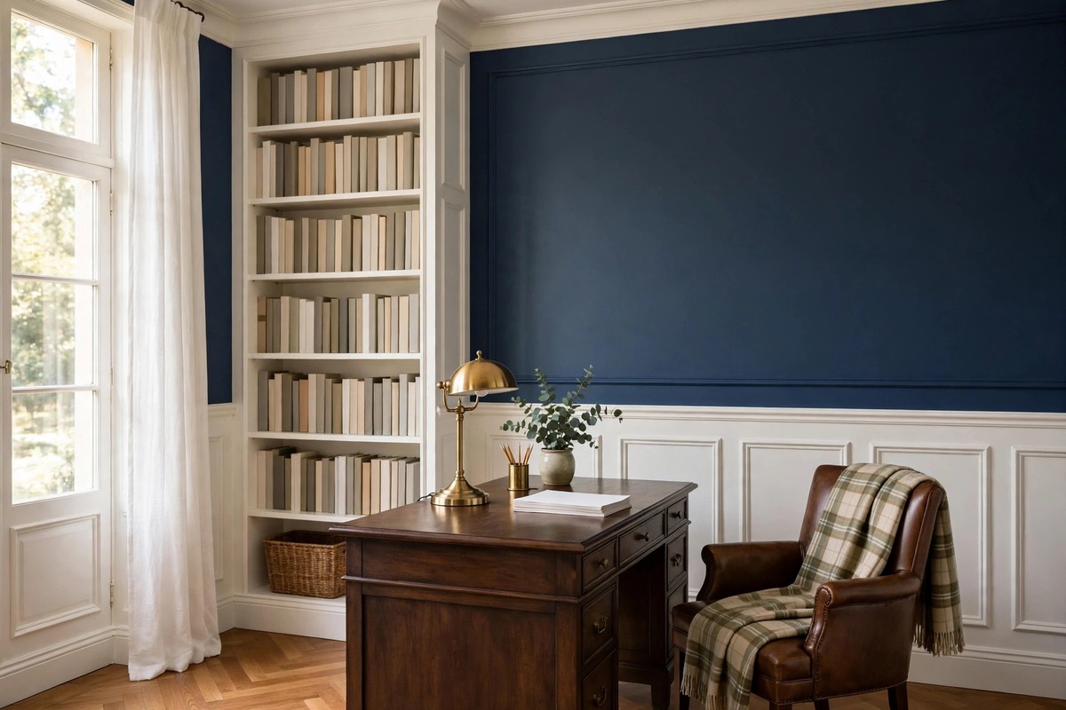 A dark wood desk with a brass dome lamp and blank papers against a navy wall with white wainscoting, a tall bookshelf of plain books, a brown leather chair with a plaid throw, and a tall window with daylight.