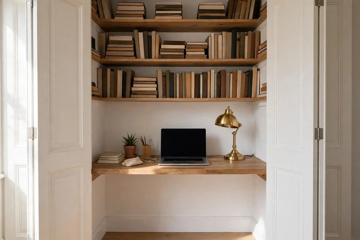 A bright closet turned office with a wooden desk board, open laptop, brass lamp and shelves full of books, doors folded back