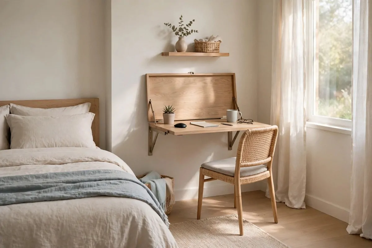 A small guestroom that is also a home office, fold-down desk on the wall, made bed, clear floor, soft morning light