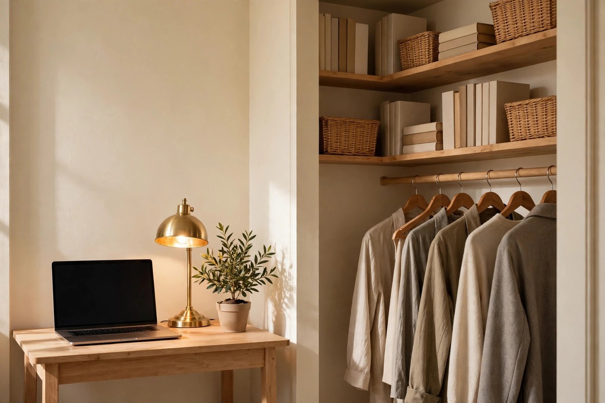 A light wood desk in a cream closet alcove holding a laptop with a blank dark screen, a glowing brass dome lamp and a small potted olive plant, with plain neutral shirts hanging on a wooden rail beside it and corner shelves above holding plain blank-spined books and wicker baskets.