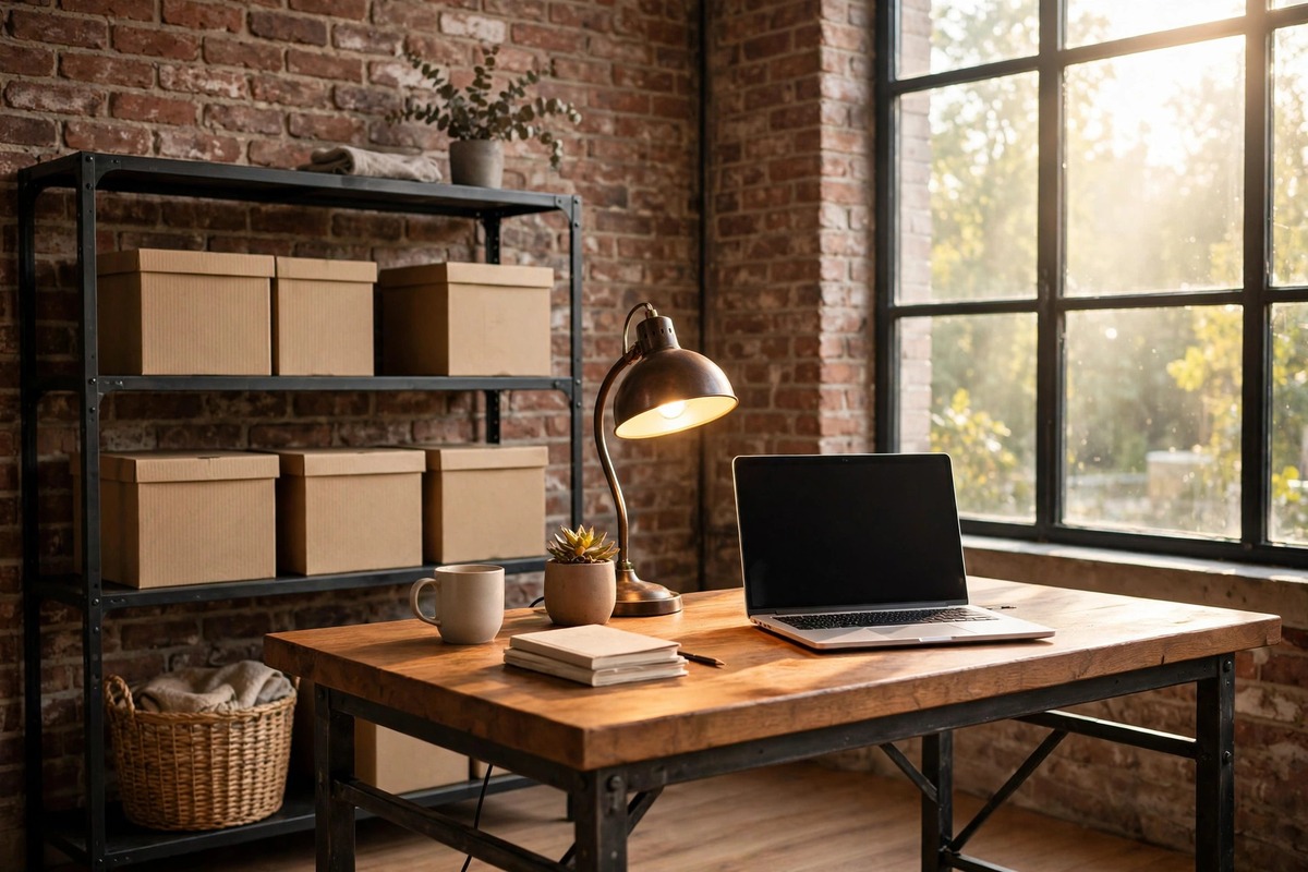 A bright industrial home office with a dark metal desk frame and thick warm wood top, open laptop, warm factory lamp, black metal shelves with plain boxes, exposed brick wall, morning light