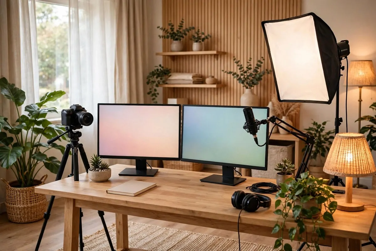 A bright live streaming studio with a desk, two monitors, a camera on a tripod, a microphone on a boom arm, a softbox light, plants and warm lamps