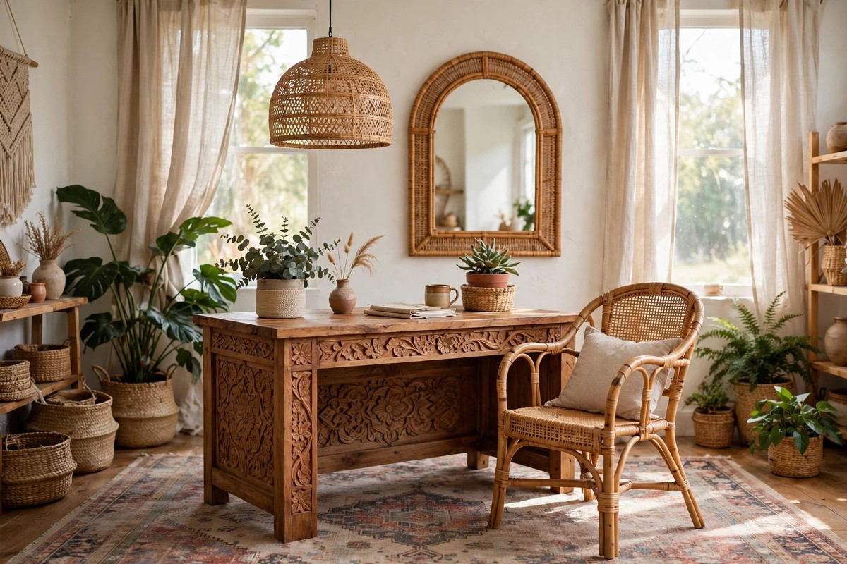 Boho home office with rattan furniture and plants, Anthropologie style