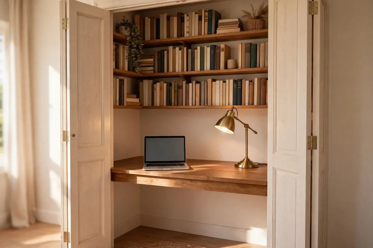 A bright closet turned office with a wooden desk board, open laptop, brass lamp and shelves full of books, doors folded back