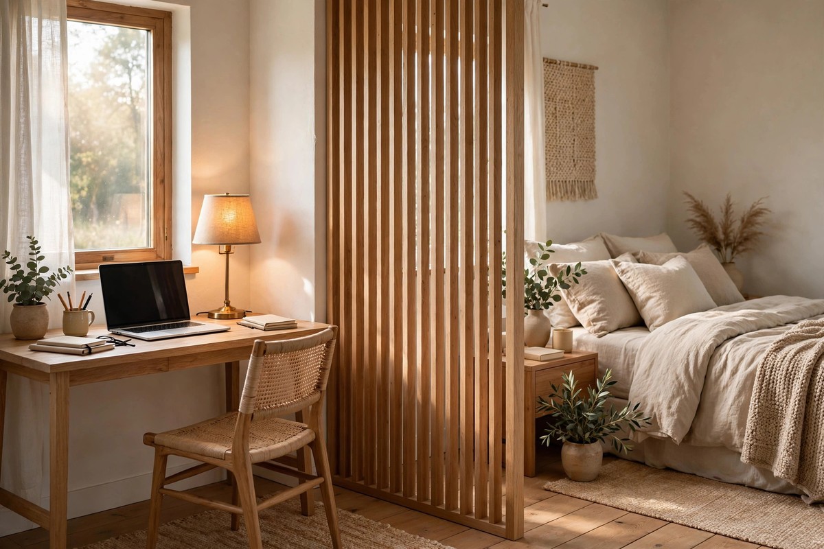 Bedroom office corner with a room divider separating the desk area from the bed