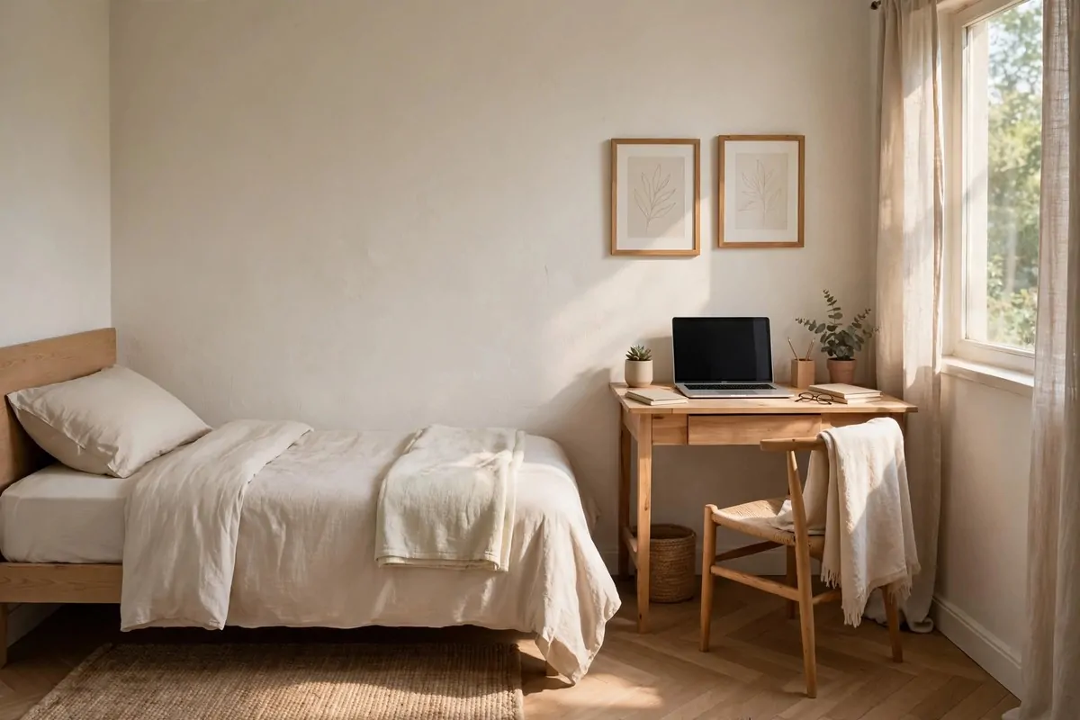 A small guest room that is also a home office, bed with pale bedding against the long wall, small desk with laptop opposite, soft morning light