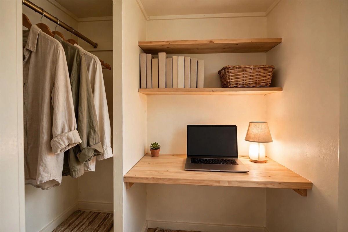 Wide view of a tiny closet office with cream walls: a light wood desk spans wall to wall holding a laptop with a blank dark screen, a glowing lamp and a tiny potted plant; shelves above hold plain books with blank spines and a wicker basket, with plain clothes hanging on a rail at the left.