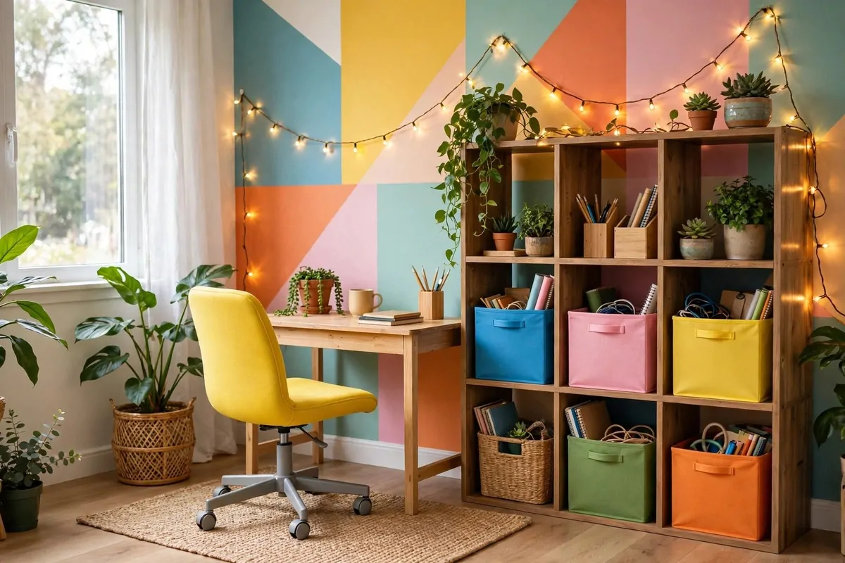A bright playful home office with a colorful accent wall, a small desk, a bright swivel chair, cube shelves with colorful bins, plants and warm fairy lights