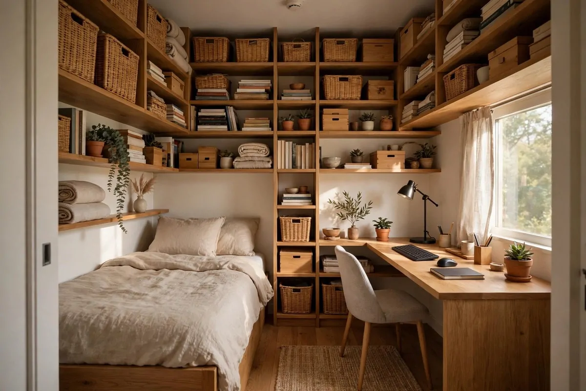 A small bedroom office combo layout that makes the most of every inch, bed and desk sharing one small room, shelves to the ceiling, soft morning light