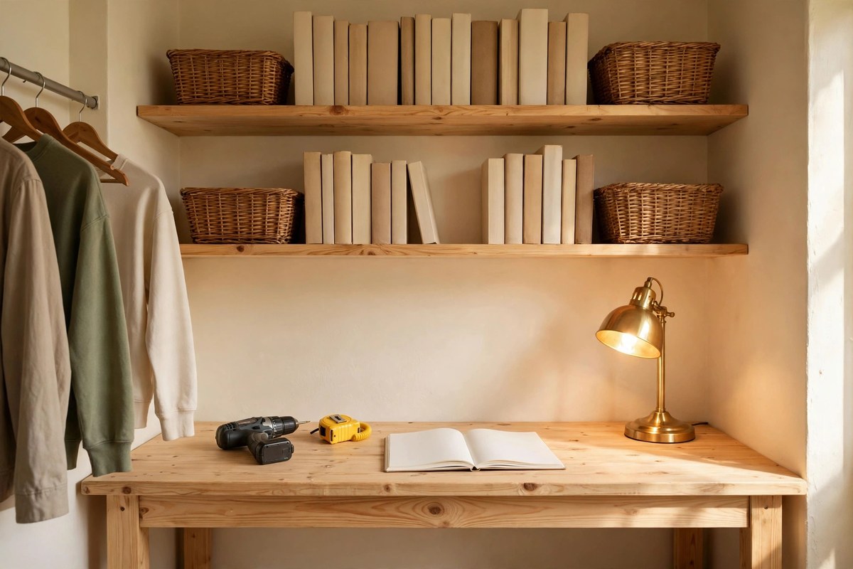 A light pine wall-to-wall desk in a closet office holding a cordless drill, a yellow tape measure, an open blank notebook and a glowing brass lamp, with wooden shelves above holding plain blank-spined books and wicker baskets and plain clothes hanging on a rail at the left.