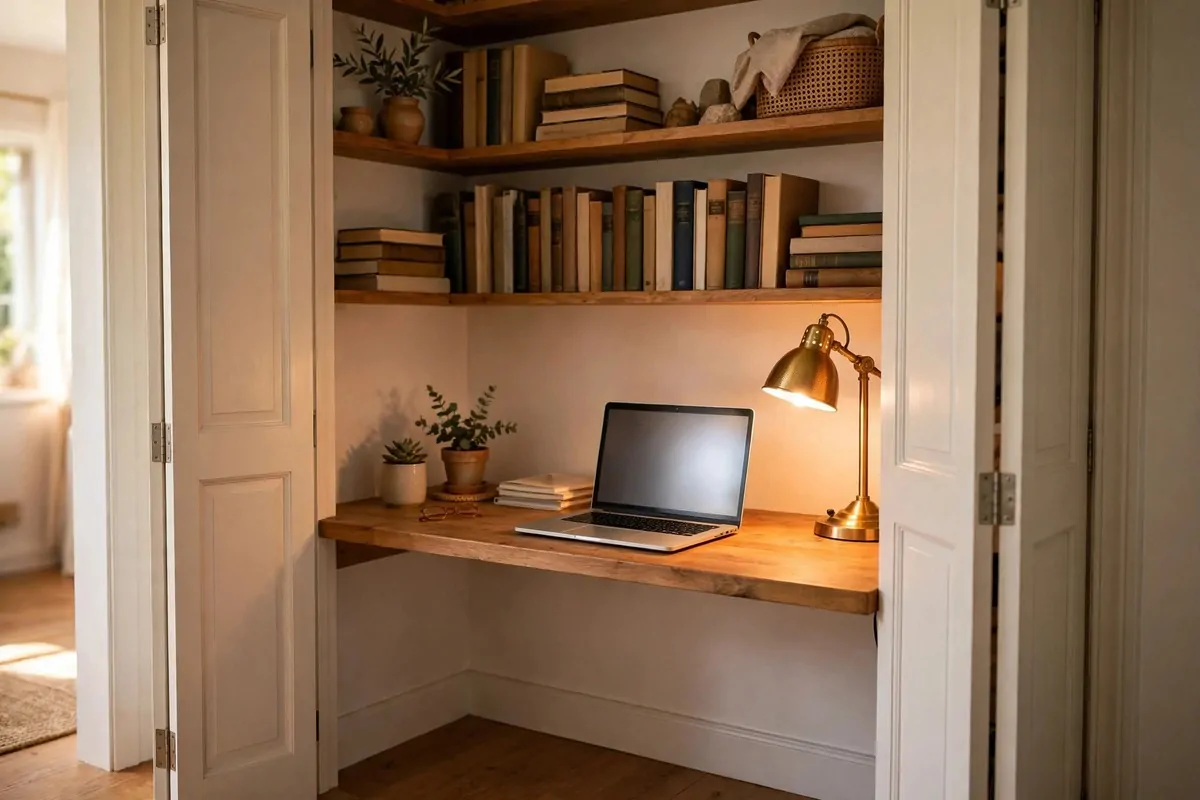 A bright closet turned office with a wooden desk board, open laptop, brass lamp and shelves full of books, bi-fold doors folded back