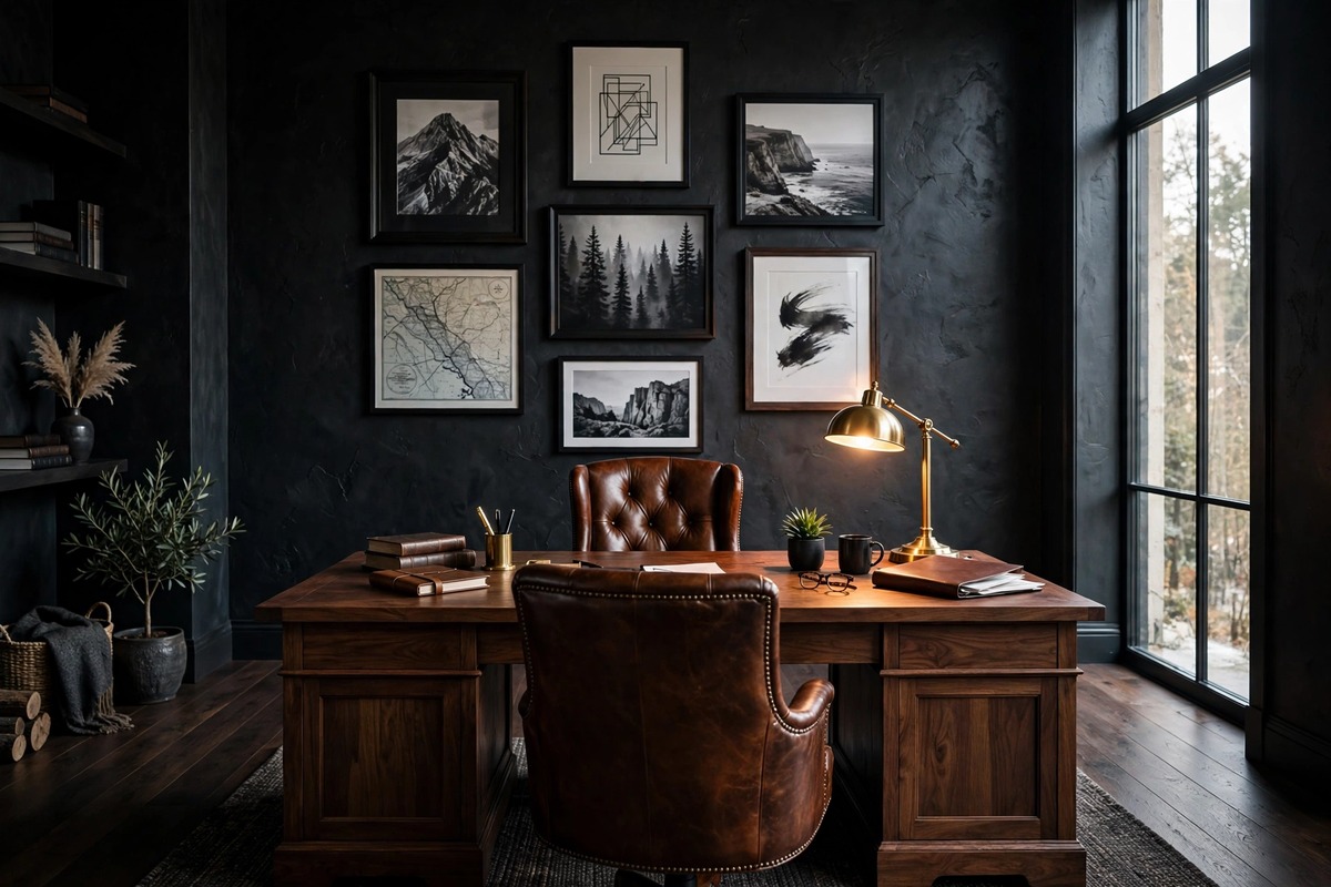 Bold mens home office with dark walls, leather chair and walnut desk