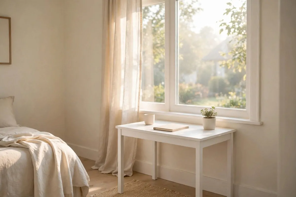 A calm pale bedroom work space, small white desk by a bright window, soft cream walls, one small plant, morning light, tidy and quiet