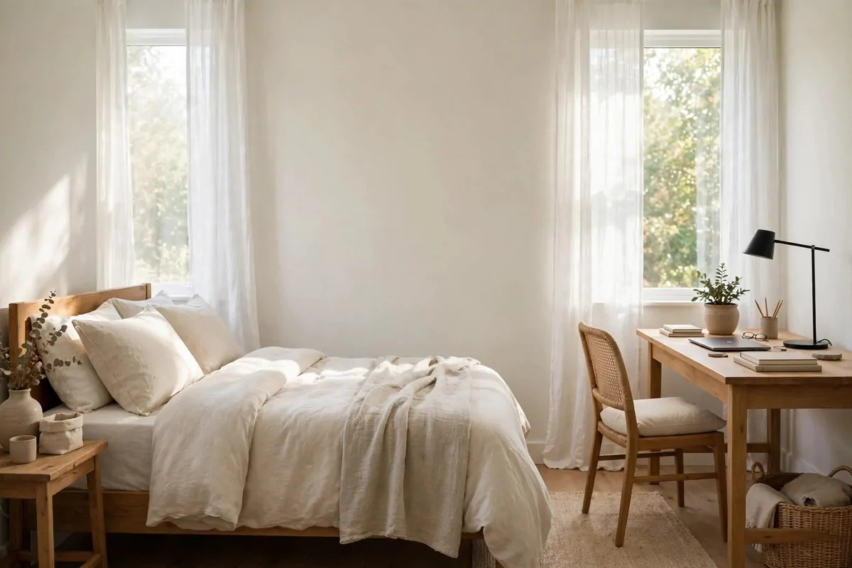 A bedroom with an office space in balance, bed on one side and desk on the other, equal light, pale walls, soft morning light