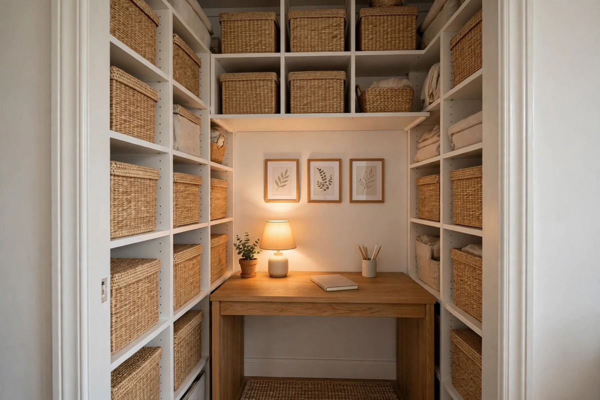 DIY closet office with floating wood desk and shelves inside a small converted closet