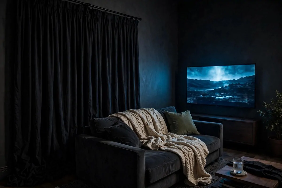 Living room corner with heavy blackout curtains closed and a TV glowing in a dark cozy room