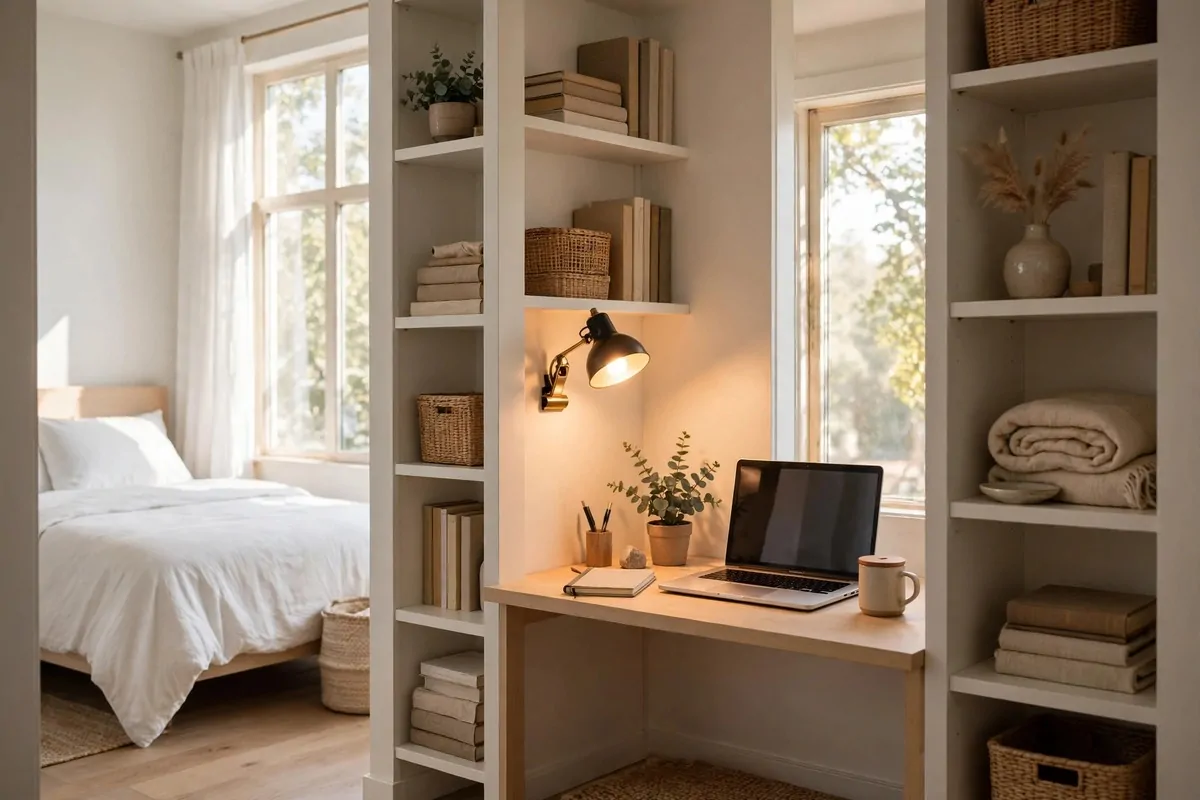 A bright spare bedroom turned into a small home office, a slim light wood desk tucked into a wall alcove, laptop on the desk, warm glowing clip-on lamp, bed with white bedding in the background, big window, morning light