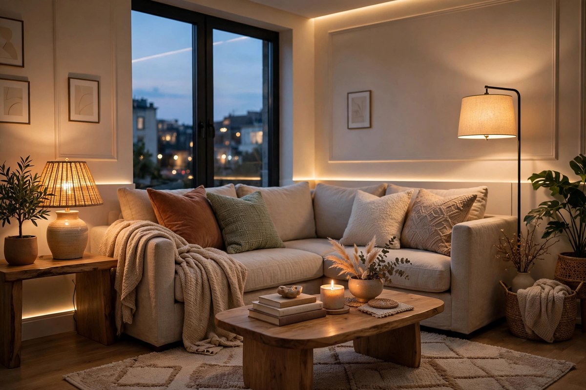Wide view of a futuristic yet cozy living room with curved furniture, warm lighting and large windows