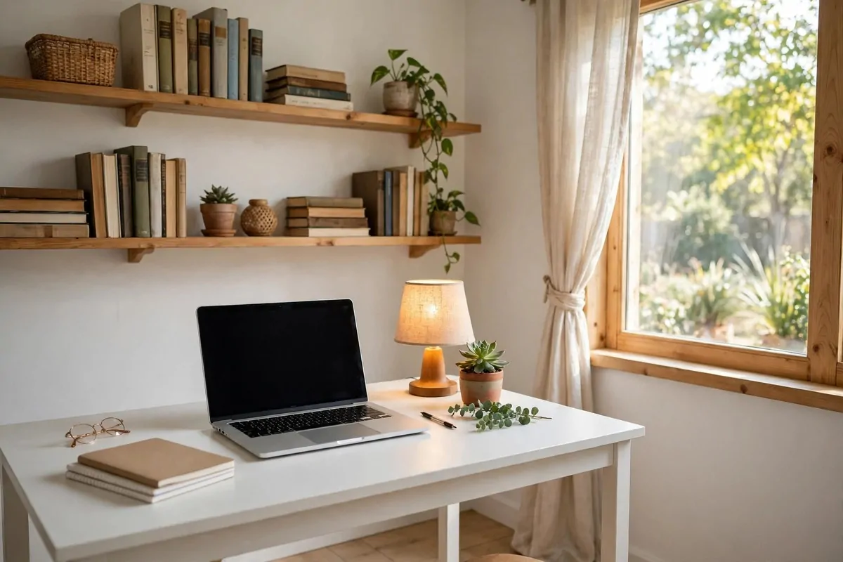 A bright small home office with a plain white desk, open laptop, small warm lamp, shelves with books and a plant, morning light through the window
