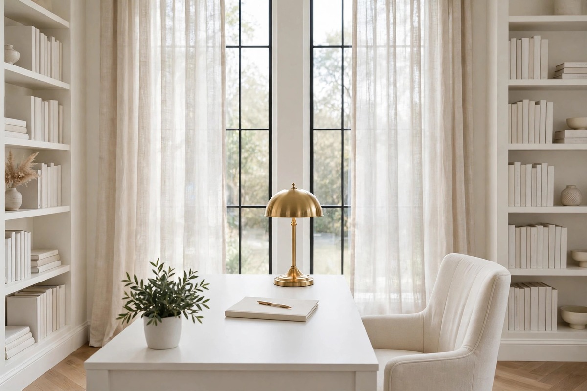 A white desk with a brass dome lamp, a blank notebook and pen, and a potted plant before tall sheer-curtained windows between white bookshelves of plain books, with a cream chair beside the desk.