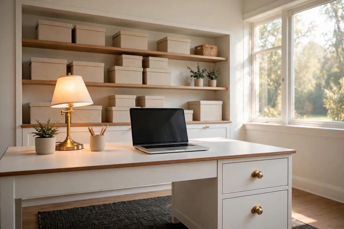 A bright elegant home office with a white desk that has a thin wood trim edge, brass drawer handles, a warm glowing desk lamp, plain storage boxes on open shelves, a dark flat rug under the desk, laptop on the desk, morning light through a window