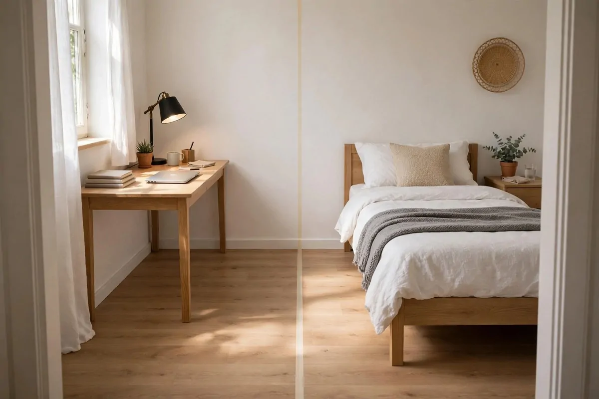 A small bedroom split into two clear zones, desk area with laptop and lamp on one side, bed on the other side, thin tape line on the floor between them, morning light, tidy