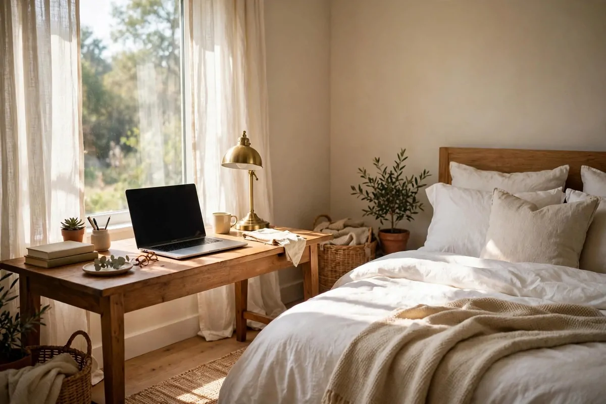 A bright bedroom with a wooden desk near the bed, open laptop, brass lamp and bed with white bedding, morning light