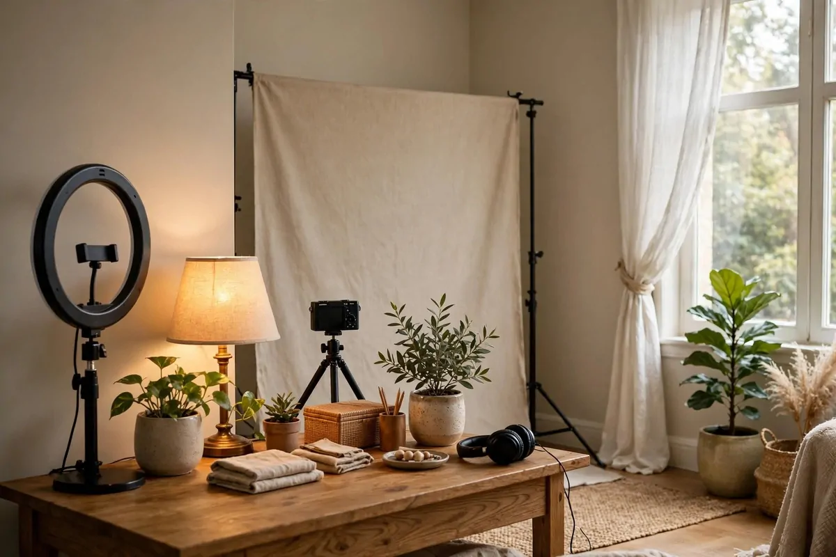 A creator desk studio setup with a ring light, smartphone on a tripod and a warm desk lamp