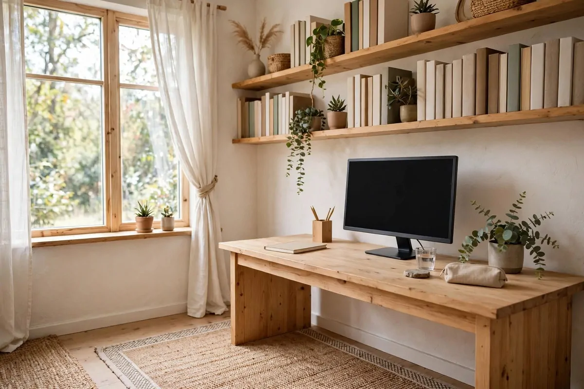A bright small home office with a wooden desk against a long wall, a monitor, shelves, plants, a rug, and soft daylight from a window.
