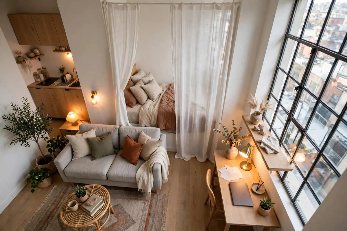 A bright small studio apartment with a sofa zone, a bed nook behind a curtain, and a desk by a large window