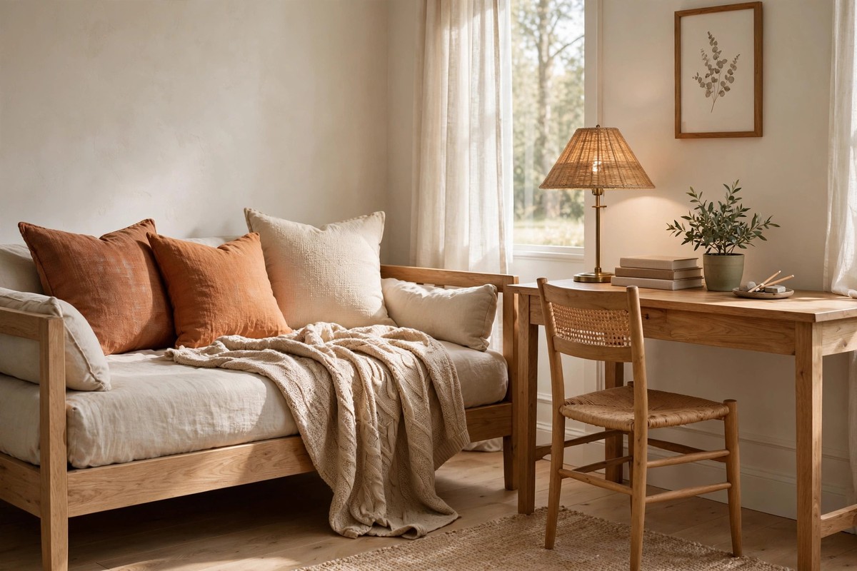 Spare bedroom styled as a home office and guest room