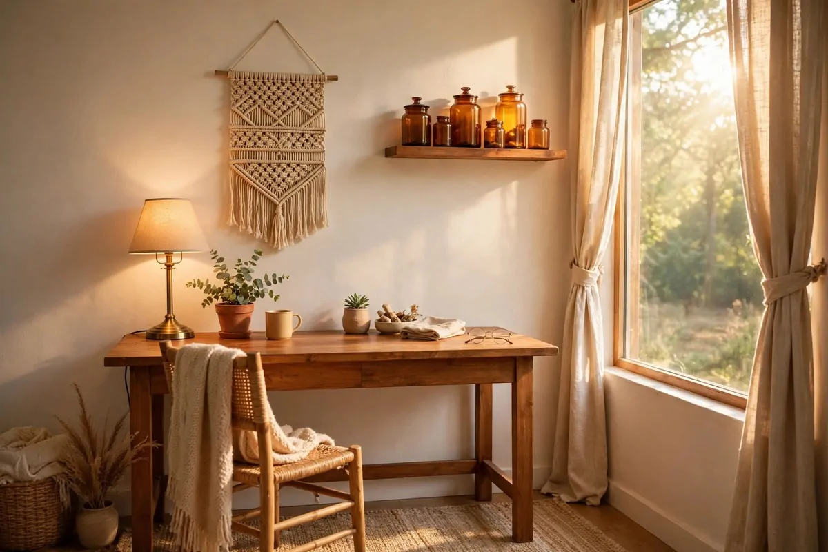 A warm wooden desk with a glowing lamp, woven wall hanging, amber glass jars on a shelf, morning light through a window