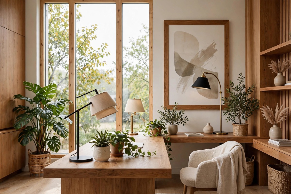 A bright designer home office with a desk facing a tall window, layered lamps, a large framed print, plants and warm wood tones