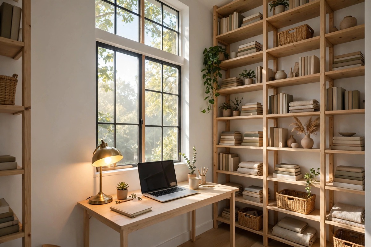 A bright tiny home office with white walls, a slim light wood desk, laptop, warm glowing desk lamp, tall shelves climbing to the ceiling, big window, morning light