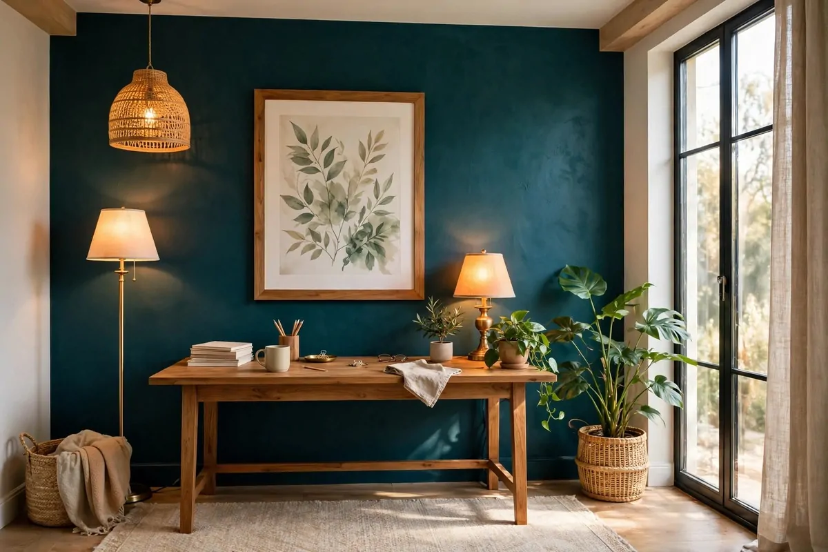A bright home office with a wooden desk against a deep teal wall, a large framed leaf print, warm lamps, plants, and daylight from a tall window beside a soft rug.
