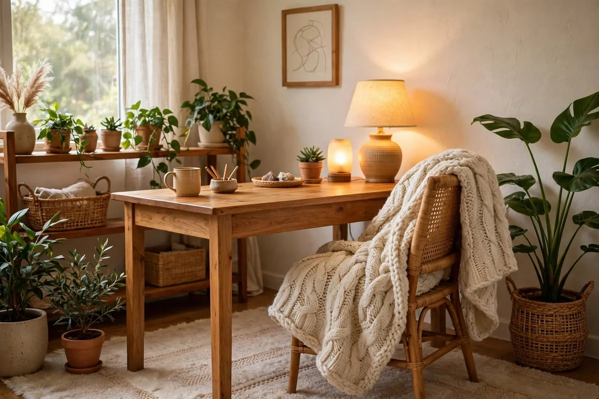 A bright cozy home office with a wooden desk, warm glowing lamps, a chunky cream knit blanket draped over a rattan chair, a soft rug, and plants in warm wood tones and soft daylight.