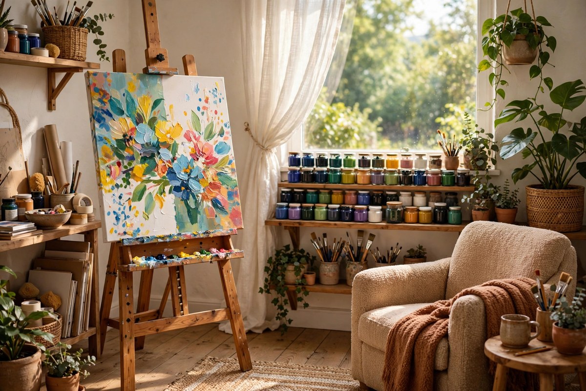 Bright art studio with easel, colorful paintings and organized art supplies