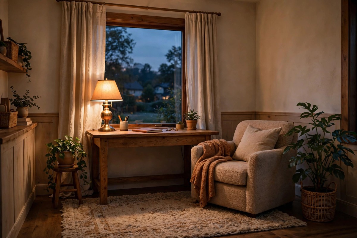 Warm cozy home office with soft light, rug and plants, distraction-free space