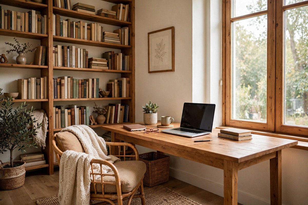Bright home office makeover inspiration with desk by a window and plants