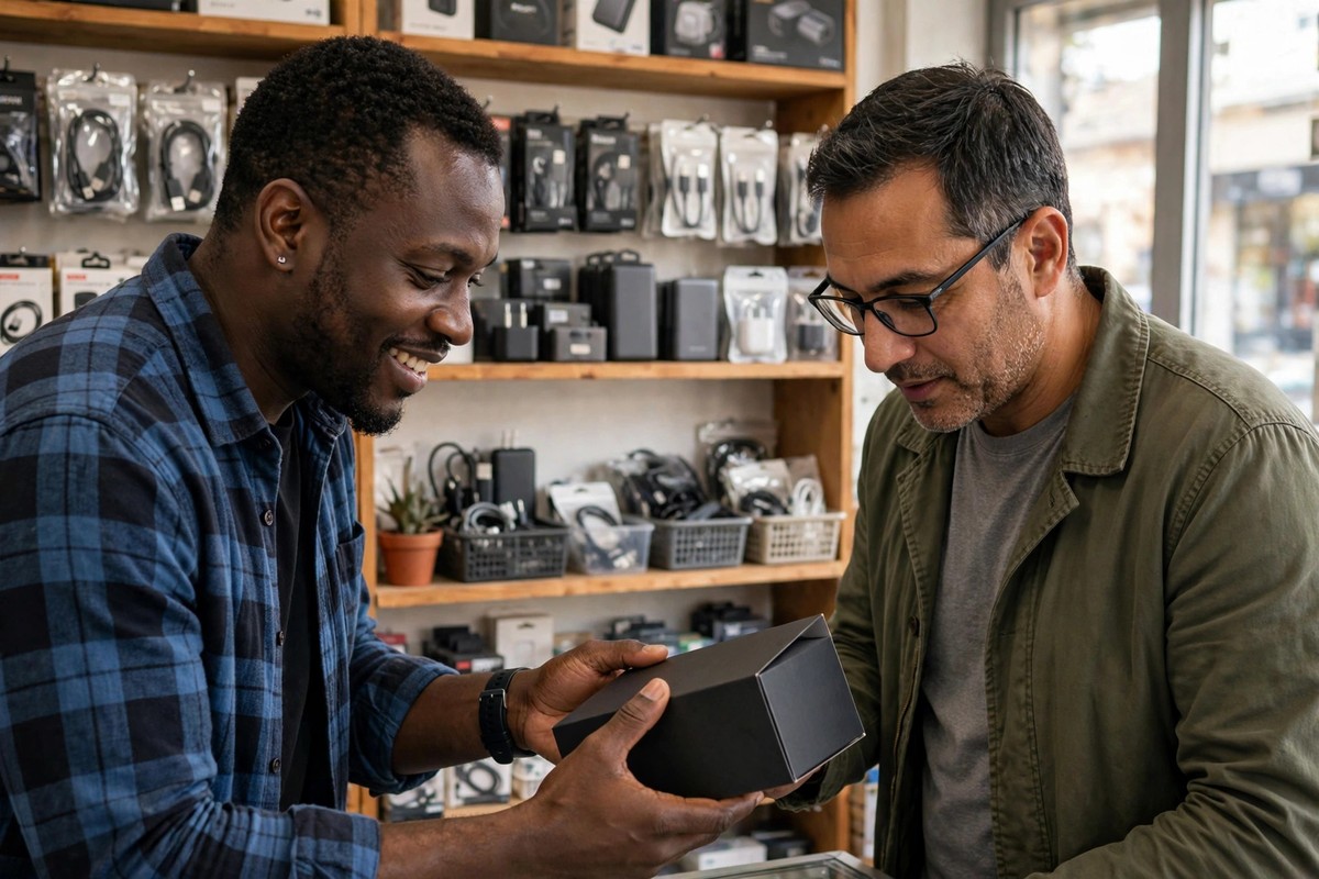 Confident male salesman showing a product to a customer in a small shop, showing how to shorten sales cycle.